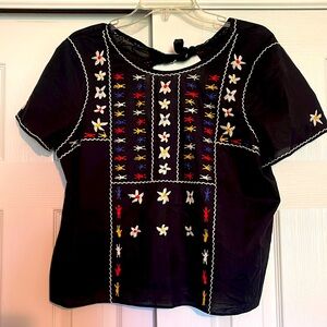 Madewell Black Embroidered Tie Back Cut Out Blouse - Size Large- NWOT